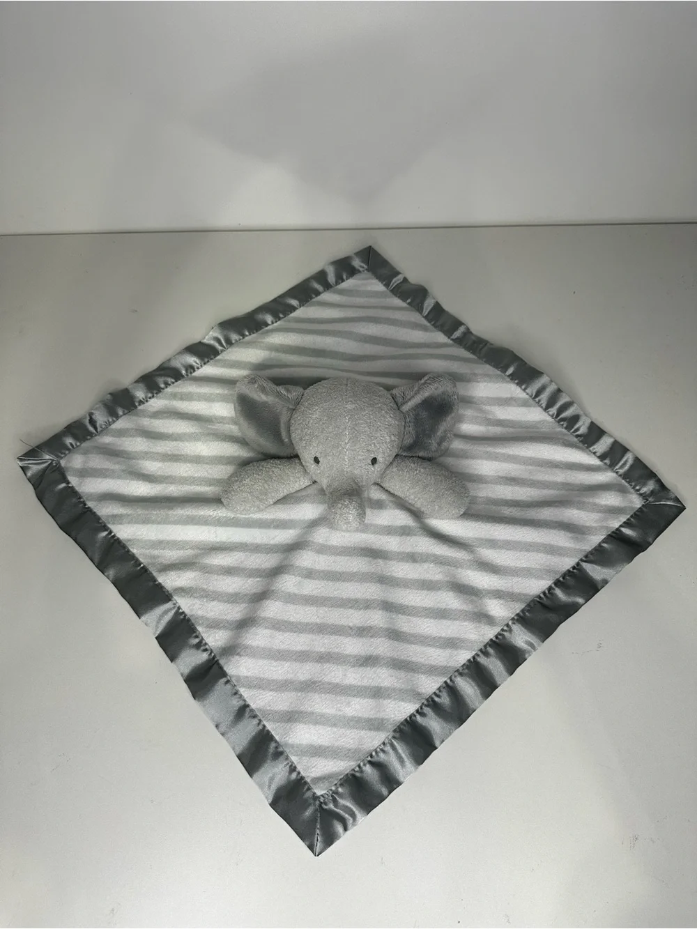 Cloud Island Elephant Gray White Striped Satin Baby Security Blanket Lovey Toy.